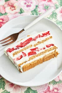 Layered no-bake cake slice on a plate with a fork.