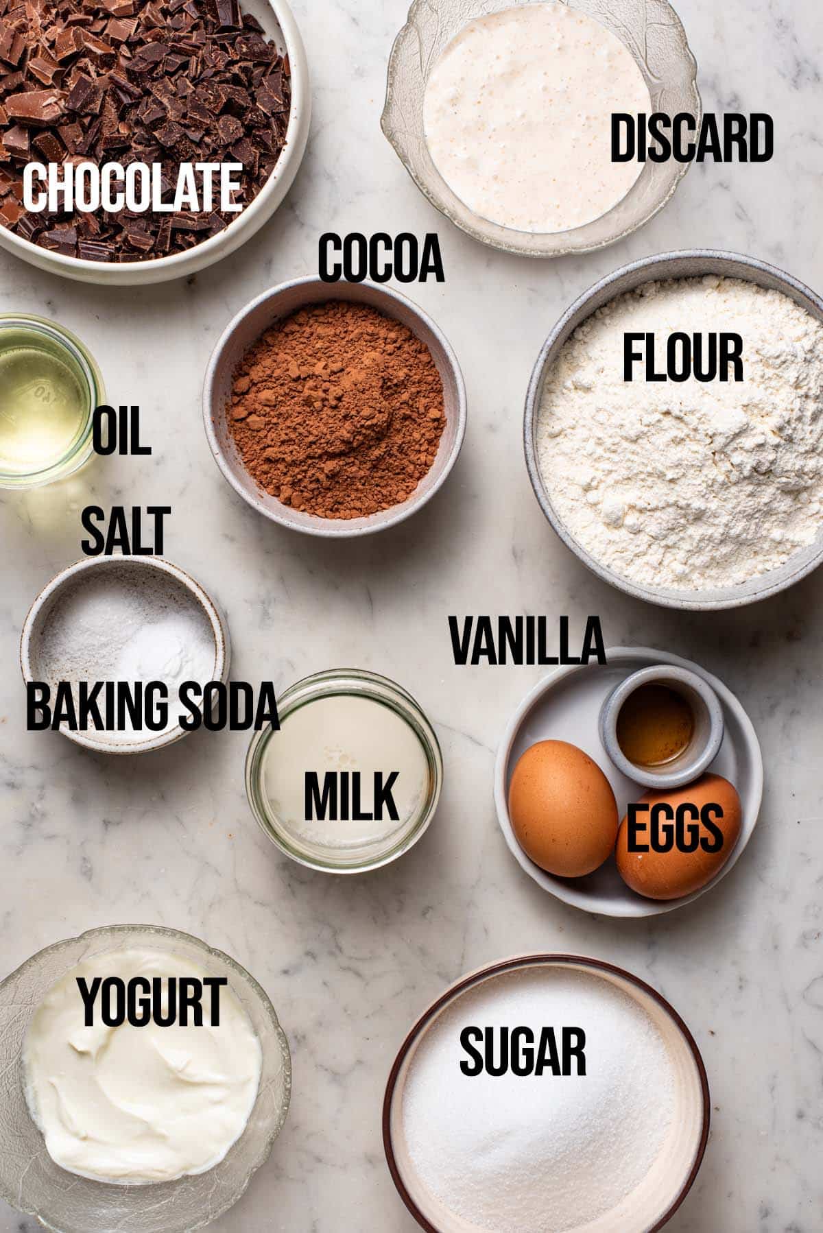 Sourdough discard chocolate muffins ingredients with labels.