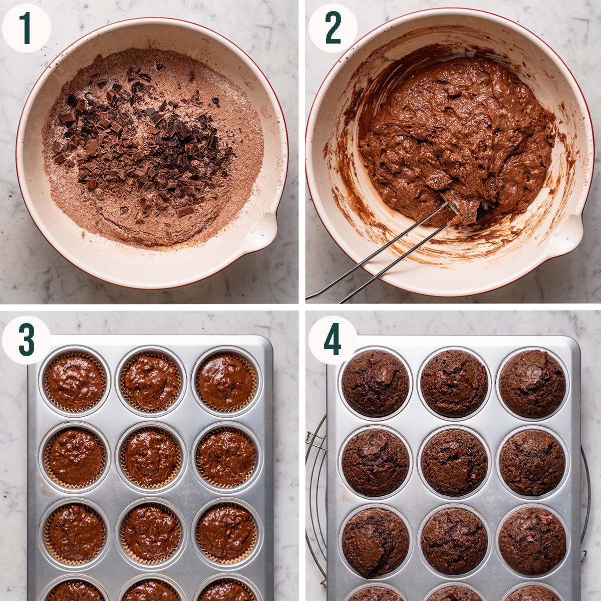 Chocolate muffins steps 1 to 4, dry ingredients mixed, batter mixed, before and after baking.