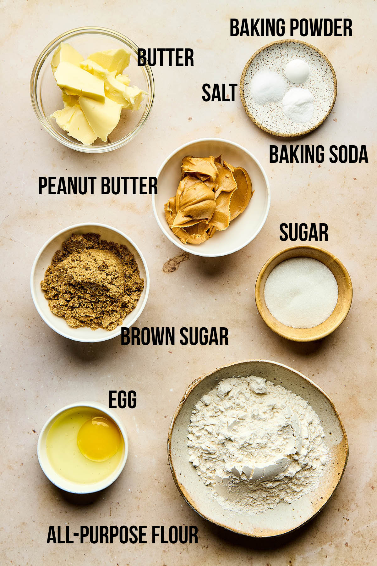 Brown butter peanut butter cookies ingredients with labels.