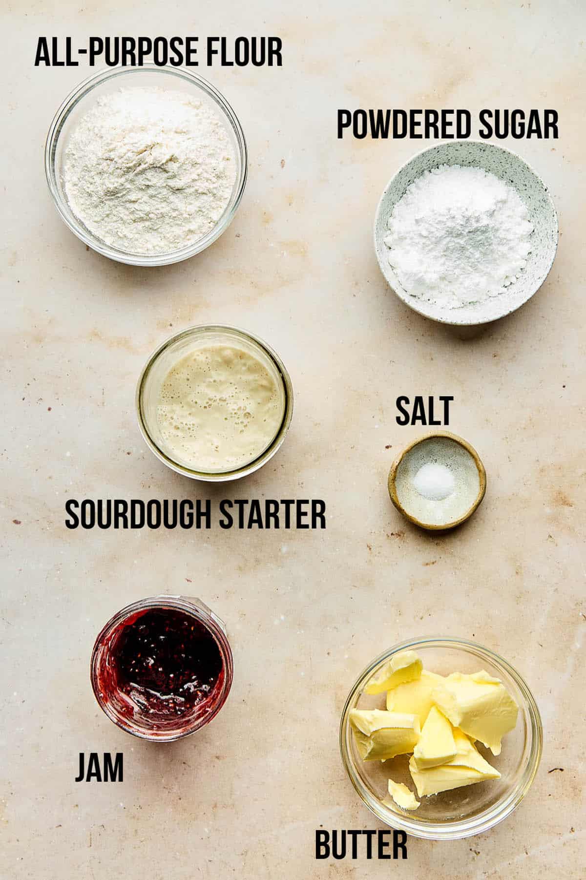 Sourdough thumbprint cookies ingredients with labels.