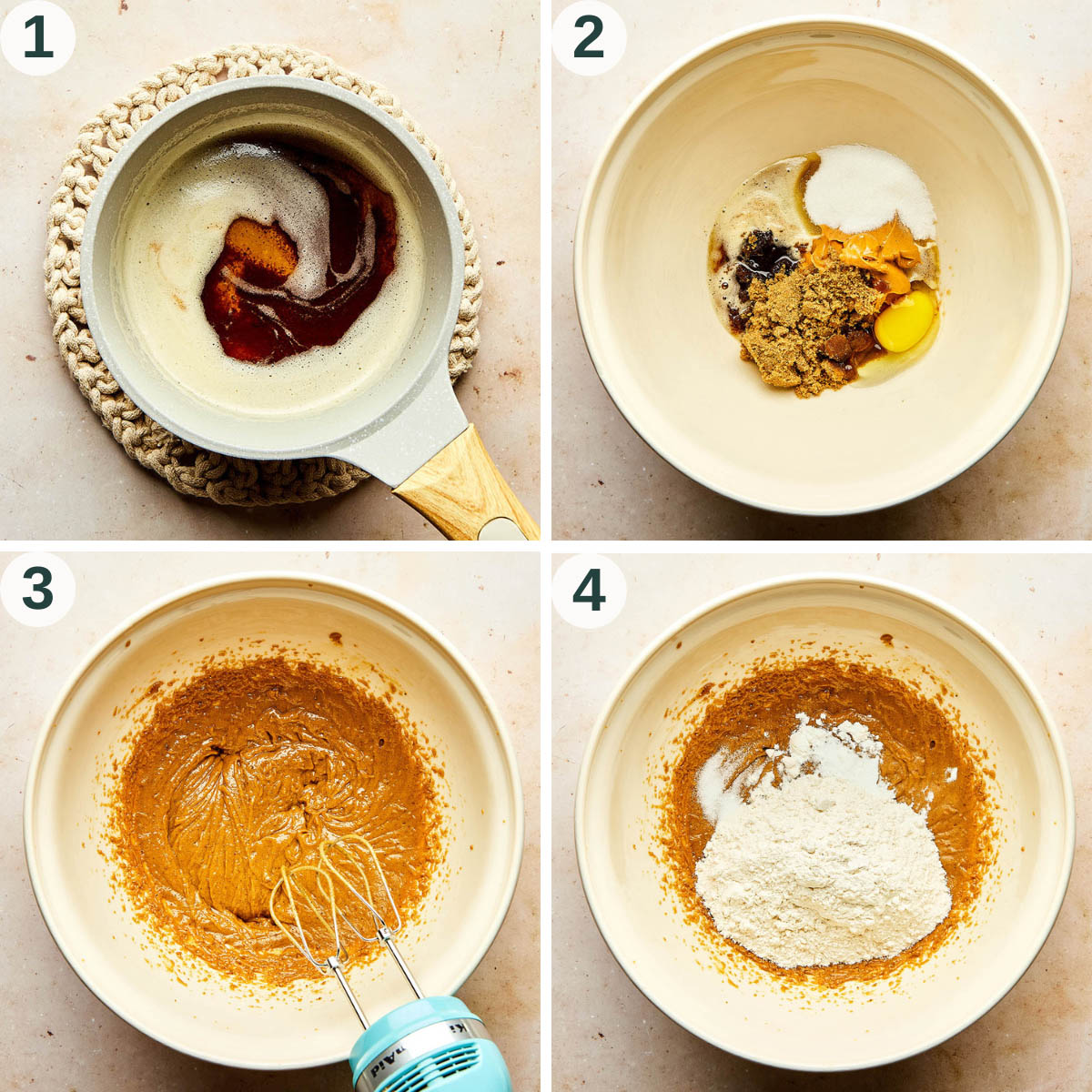 Cookies steps 1 to 4, browned butter, wet ingredients mixed, and dry ingredients added.