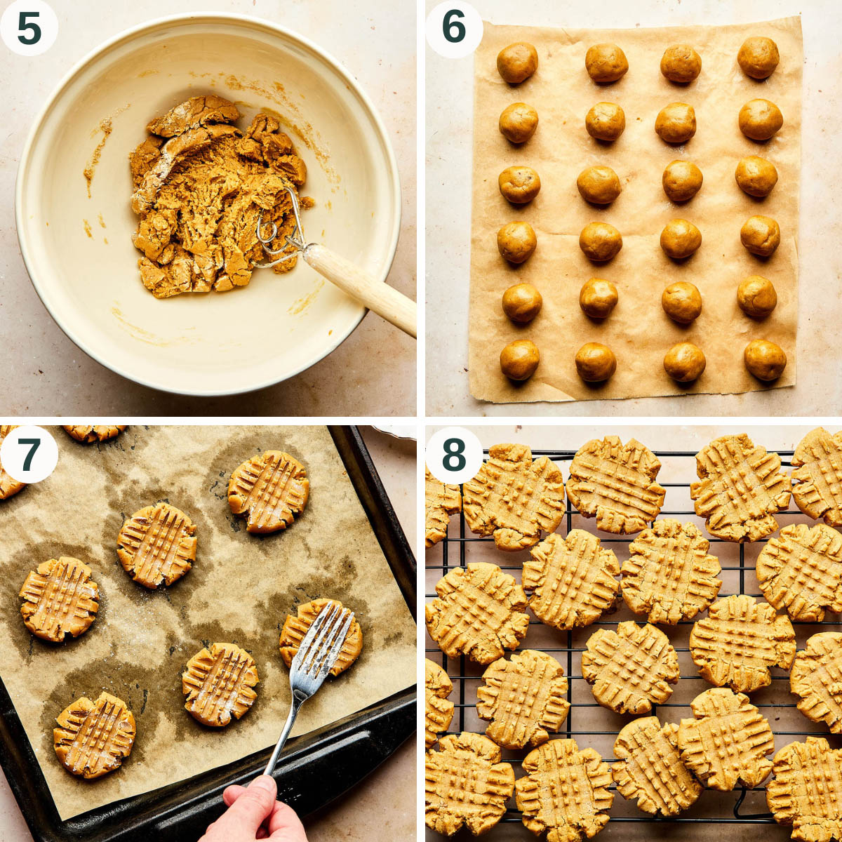 Peanut butter cookies steps 5 to 8, finished dough, pressed with a fork, and after baking.