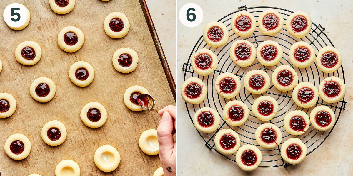 Cookies steps 5 and 6, filled with jam and after baking.