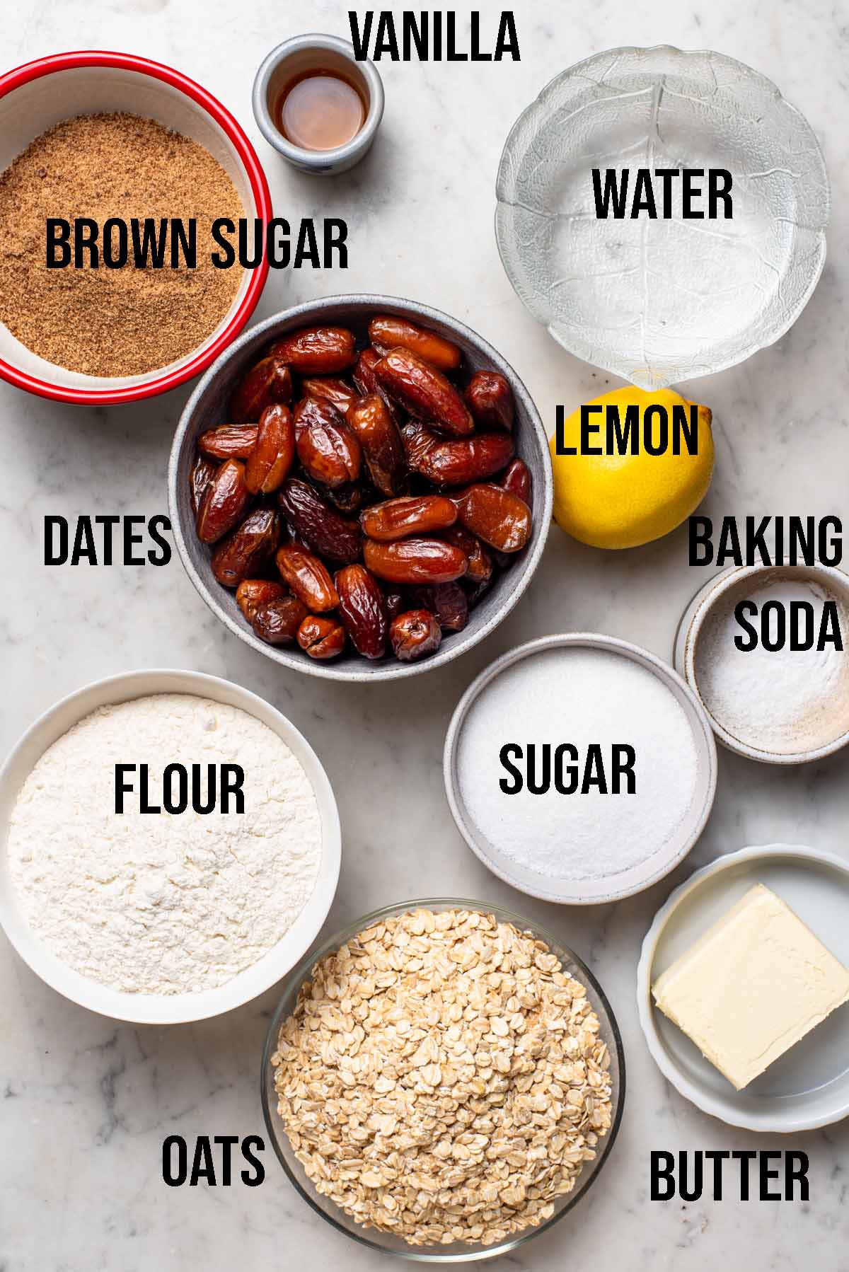 Date squares ingredients with labels.