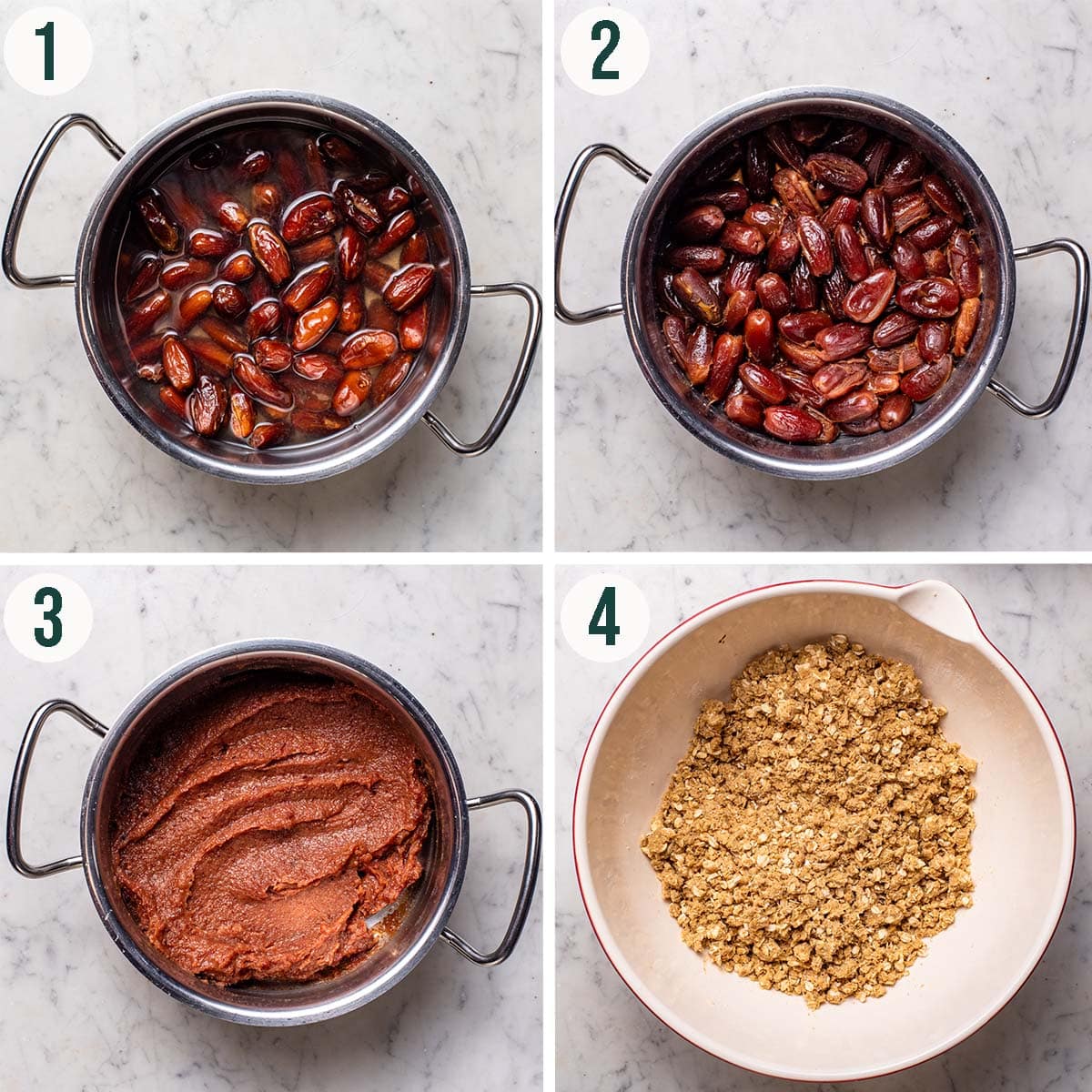 Date bars steps 1 to 4, dates before and after cooking, pureed date filling, and crumble mixture.