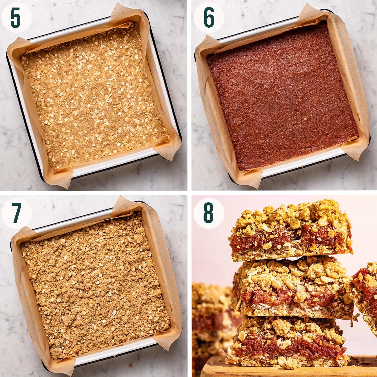 Squares steps 5 to 8, crumble pressed into tin, date filling added, with crumble topping, and after baking.