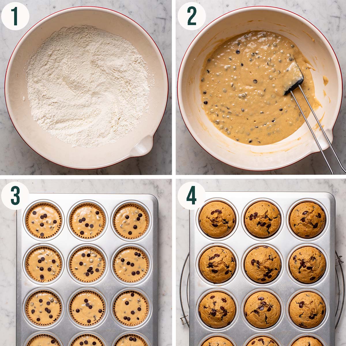 Muffins steps 1 to 4, dry ingredients mixed, finished batter, before and after baking.