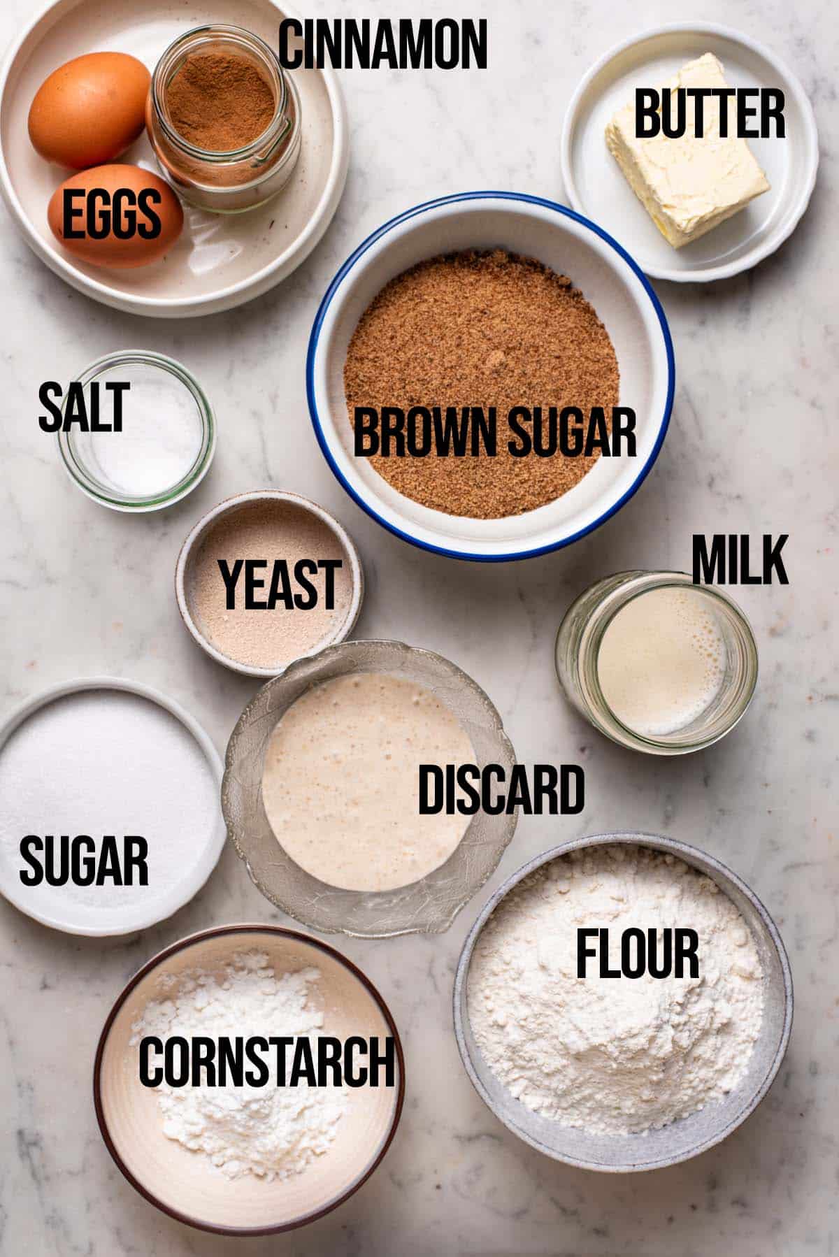 Sourdough discard cinnamon rolls ingredients with labels.