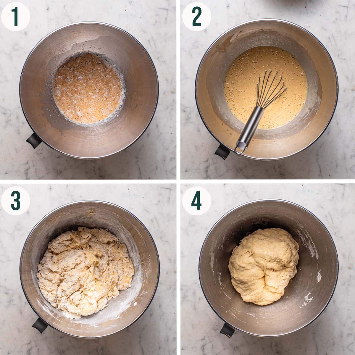 Cinnamon rolls steps 1 to 4, bloomed yeast, wet ingredients mixed, shaggy dough, and mixed dough.