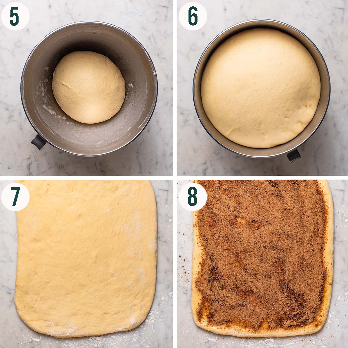 Rolls steps 5 to 8, before and after rising, rolled out, and with filling added.
