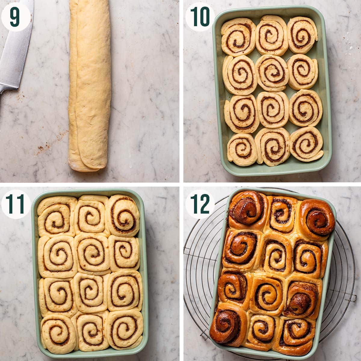 Cinnamon rolls steps 9 to 12, rolled up, before and after rising, and after baking.