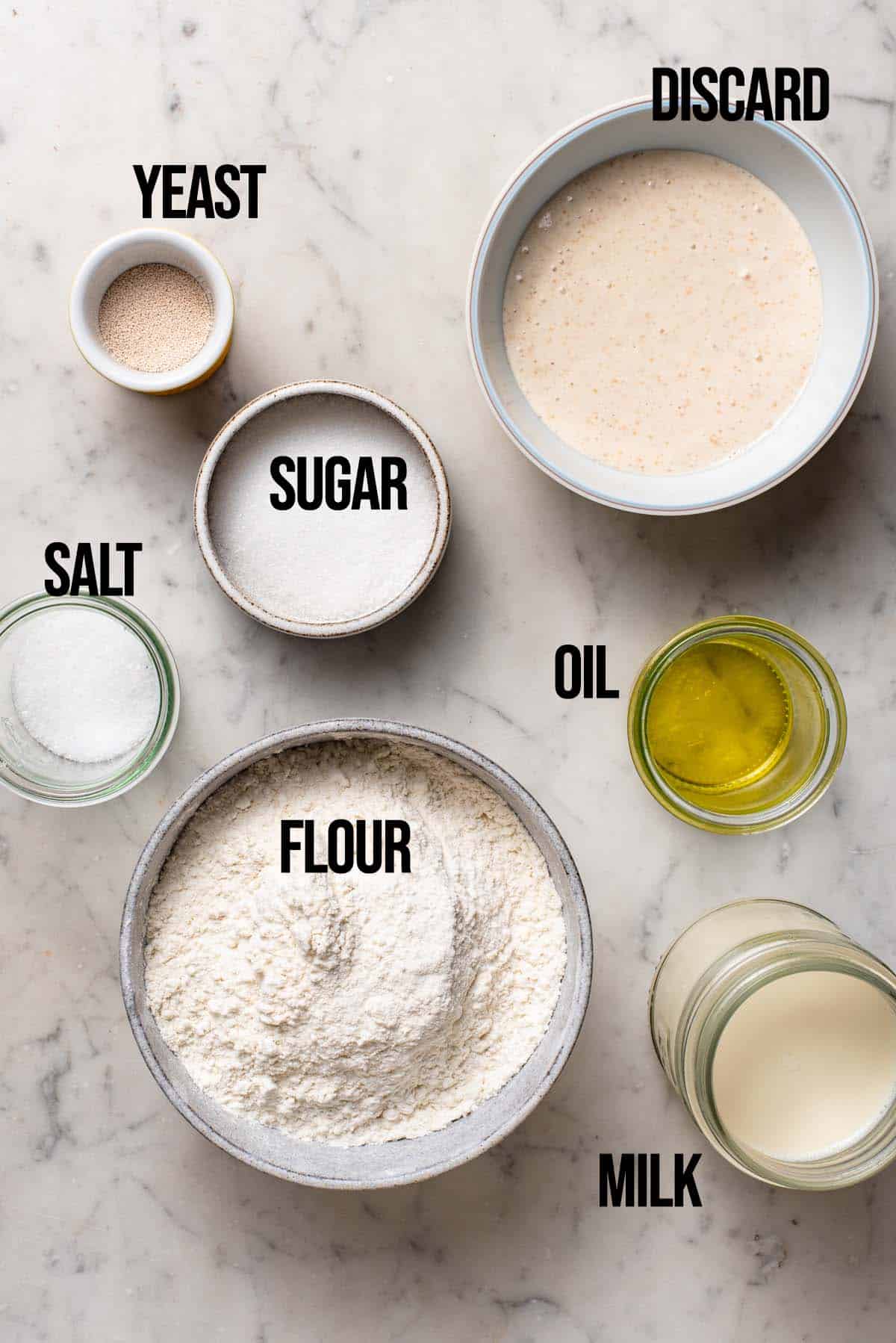 Sourdough discard sandwich bread ingredients with labels.