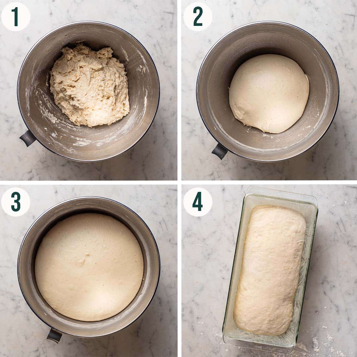 Sandwich bread steps 1 to 4, mixed dough, before and after rising, and shaped dough in the tin.