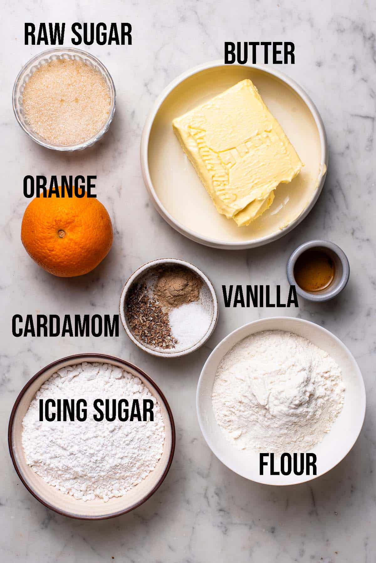 Cardamom cookies ingredients with labels.