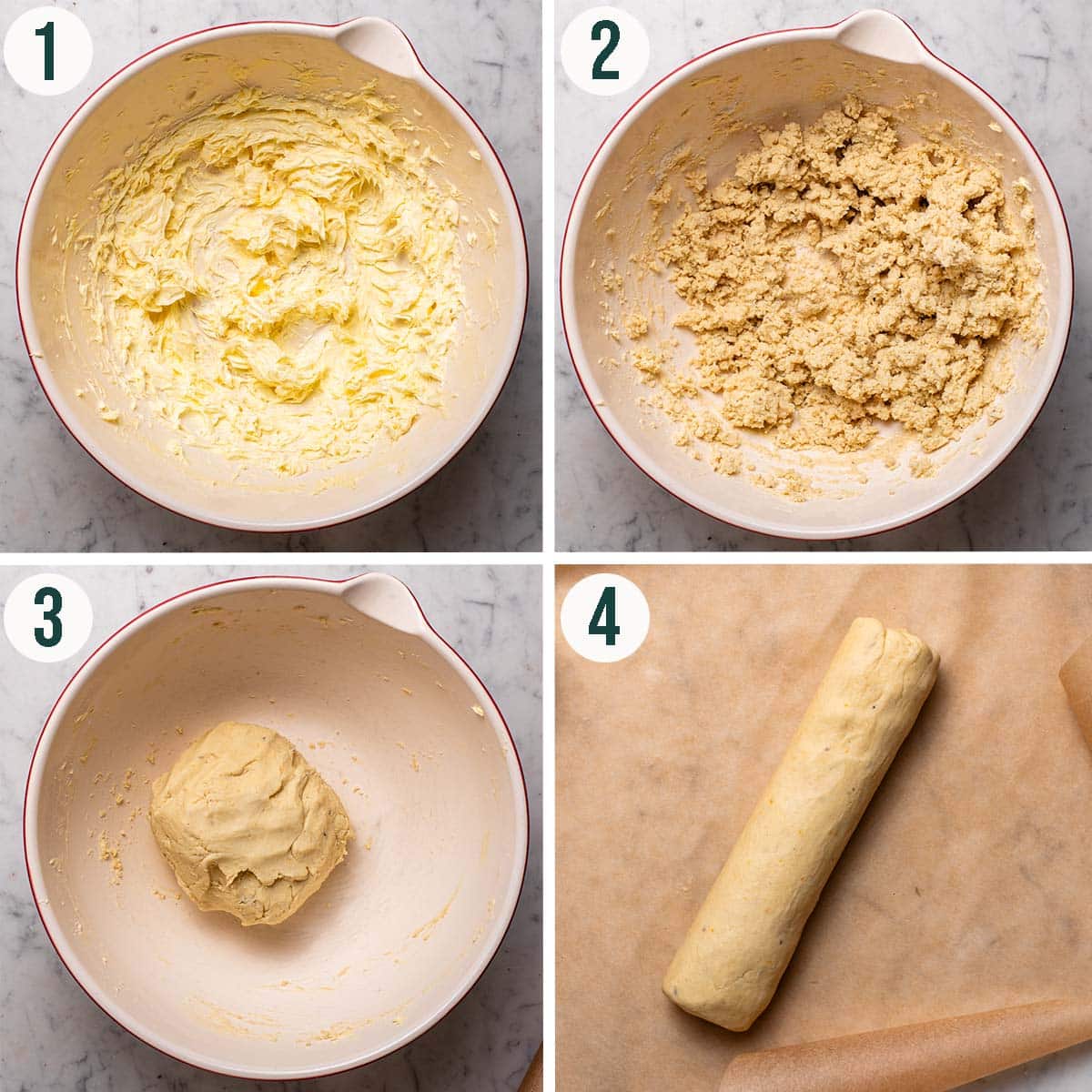 Cookies steps 1 to 4, creamed butter and sugar, mixed dough, formed into a ball, and rolled into a log.