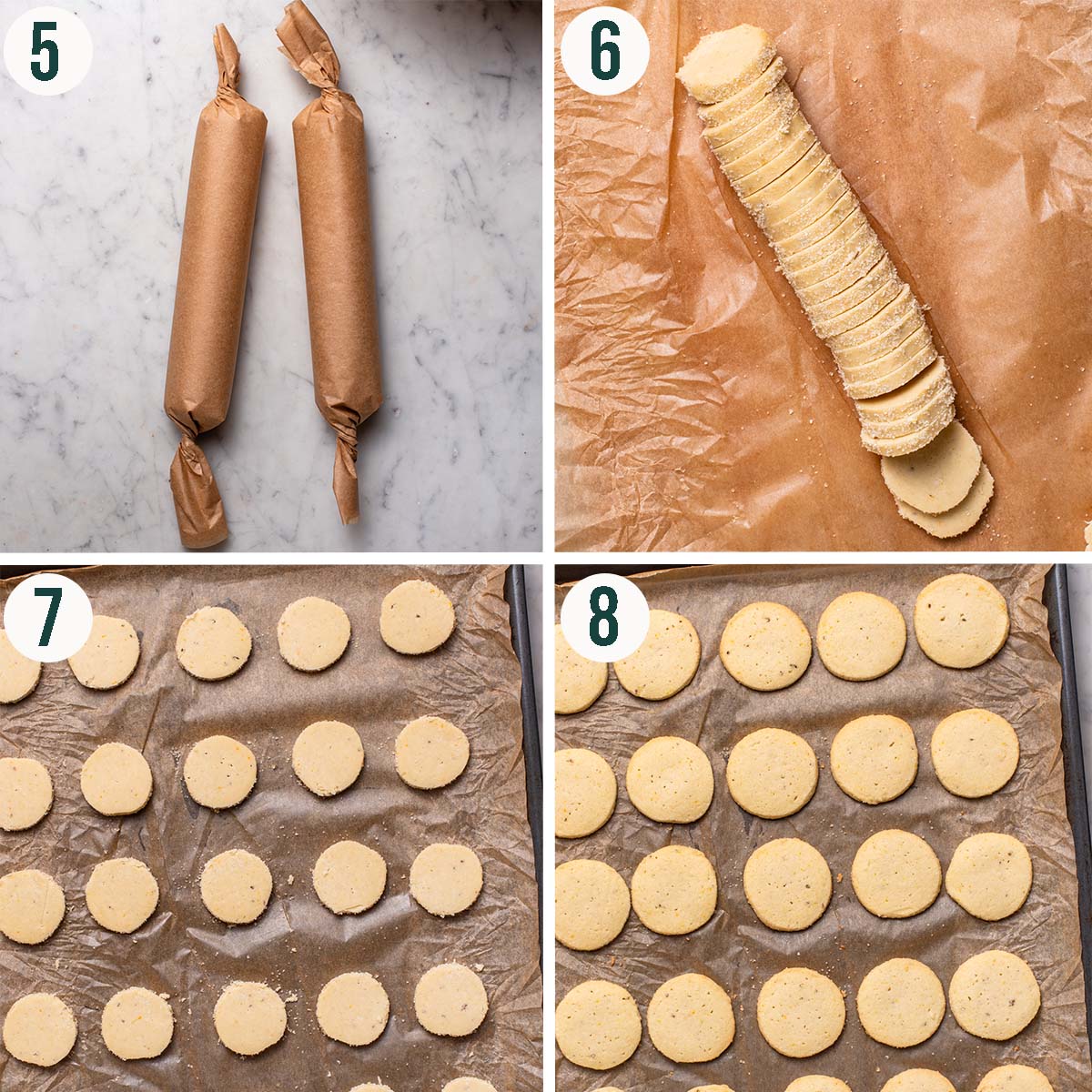 Cookies steps 5 to 8, rolled into sausages, sliced, and before and after baking.