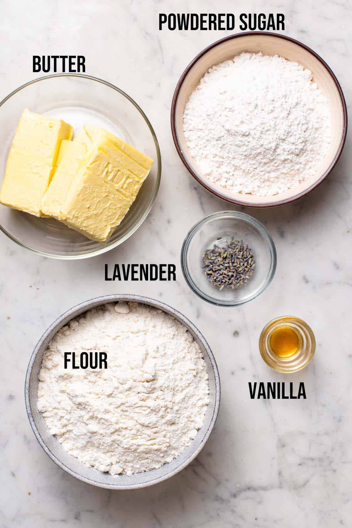 Lavender shortbread cookies ingredients with labels.