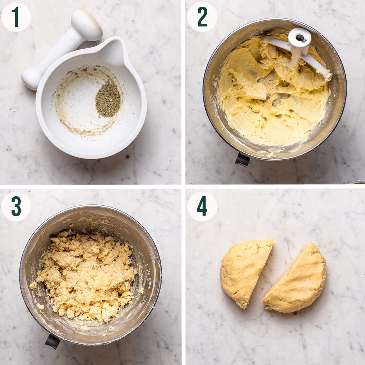 Lavender cookies steps 1 to 4, ground lavender, creamed butter, mixed dough, and divided in two.