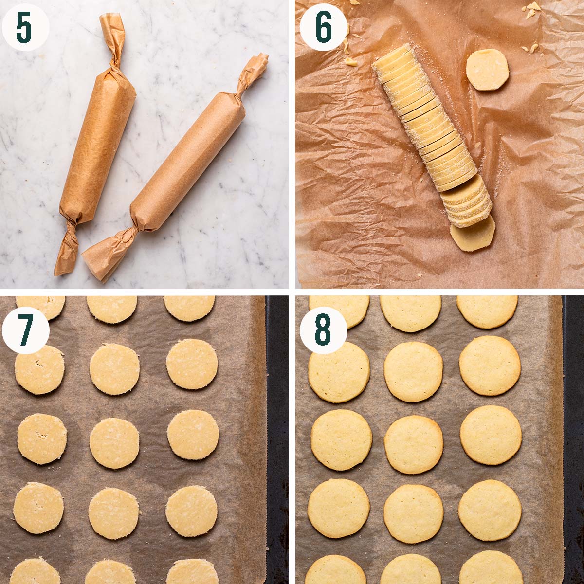 Cookies steps 5 to 8, wrapped in parchment paper logs, sliced dough, before and after baking.