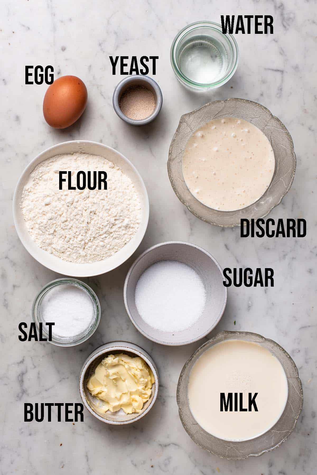 Sourdough discard dinner rolls ingredients with labels.