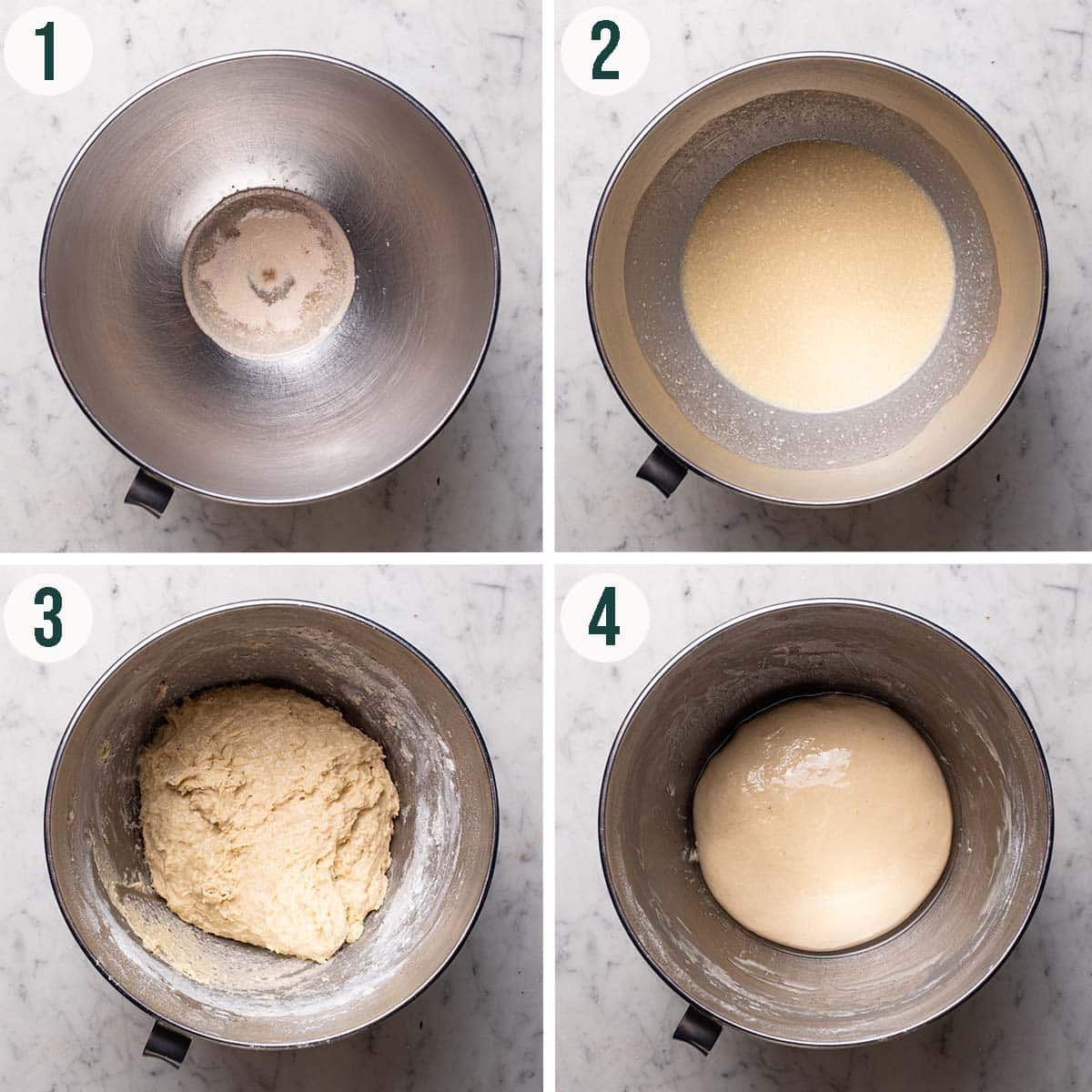 Dinner rolls steps 1 to 4, bloomed yeast, wet ingredients mixed, dough before and after kneading.