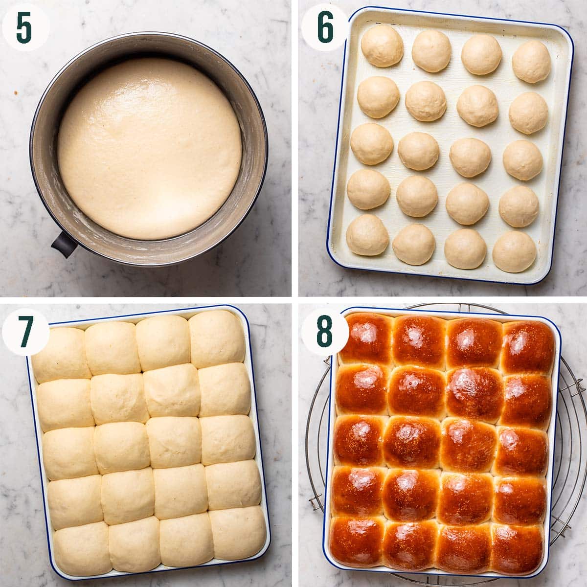 Rolls steps 5 to 8, risen dough, shaped rolls, risen rolls, and after baking.