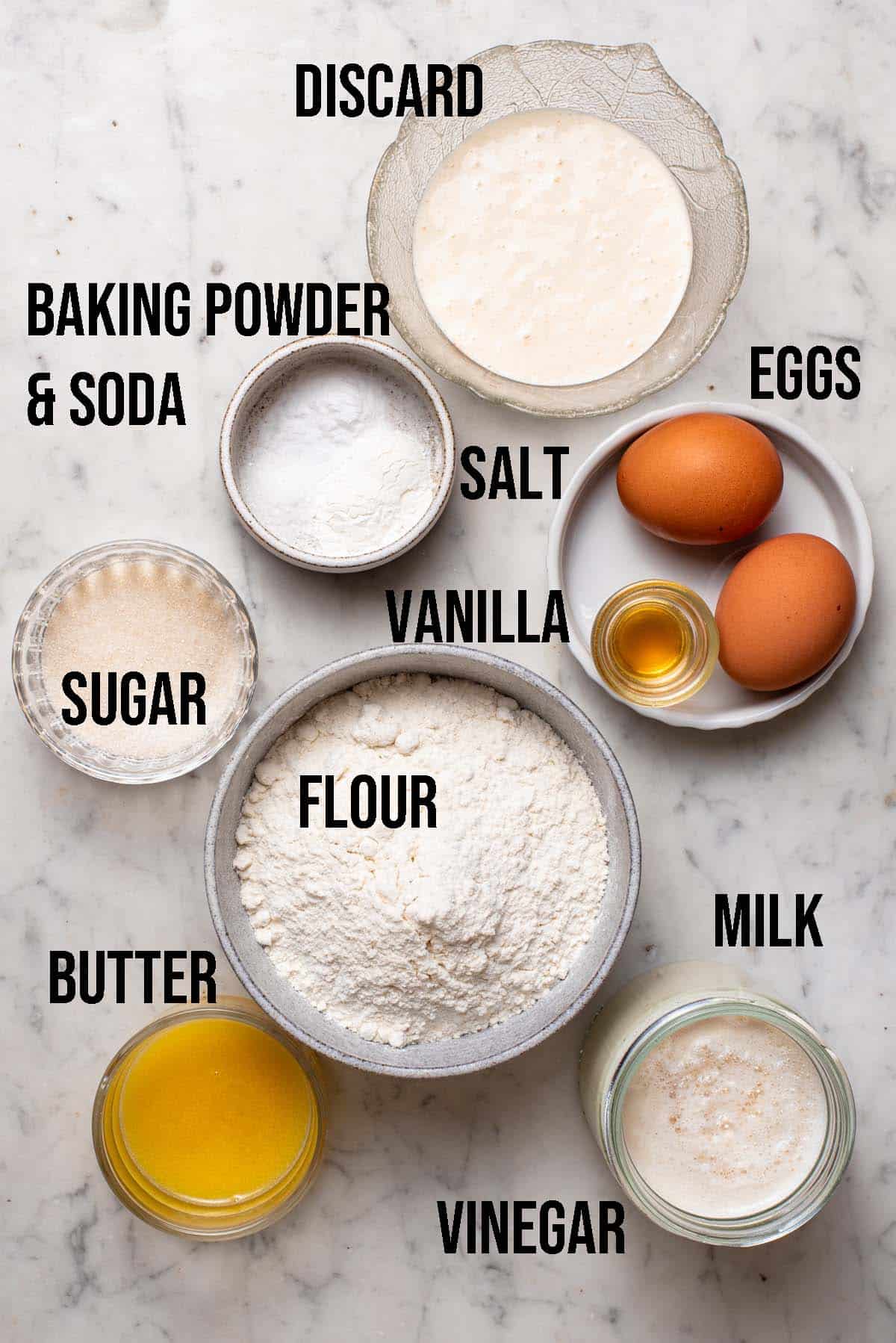 Sourdough discard waffles ingredients with labels.