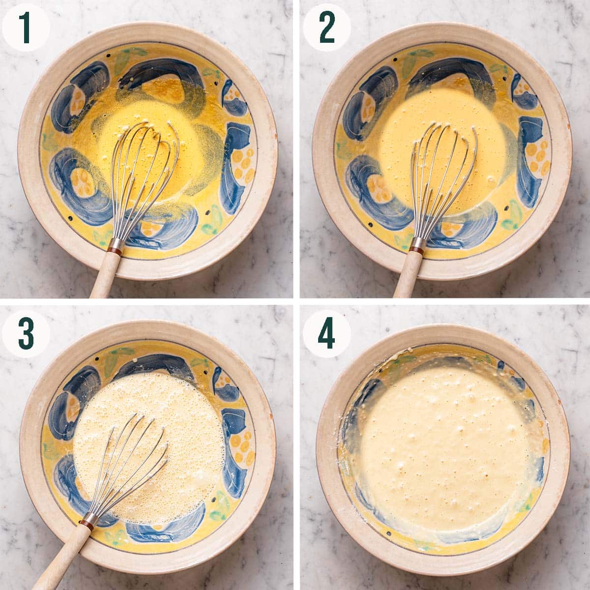 Waffles steps 1 to 4, whisked eggs, with other liquid ingredients added, and with dry ingredients mixed in.