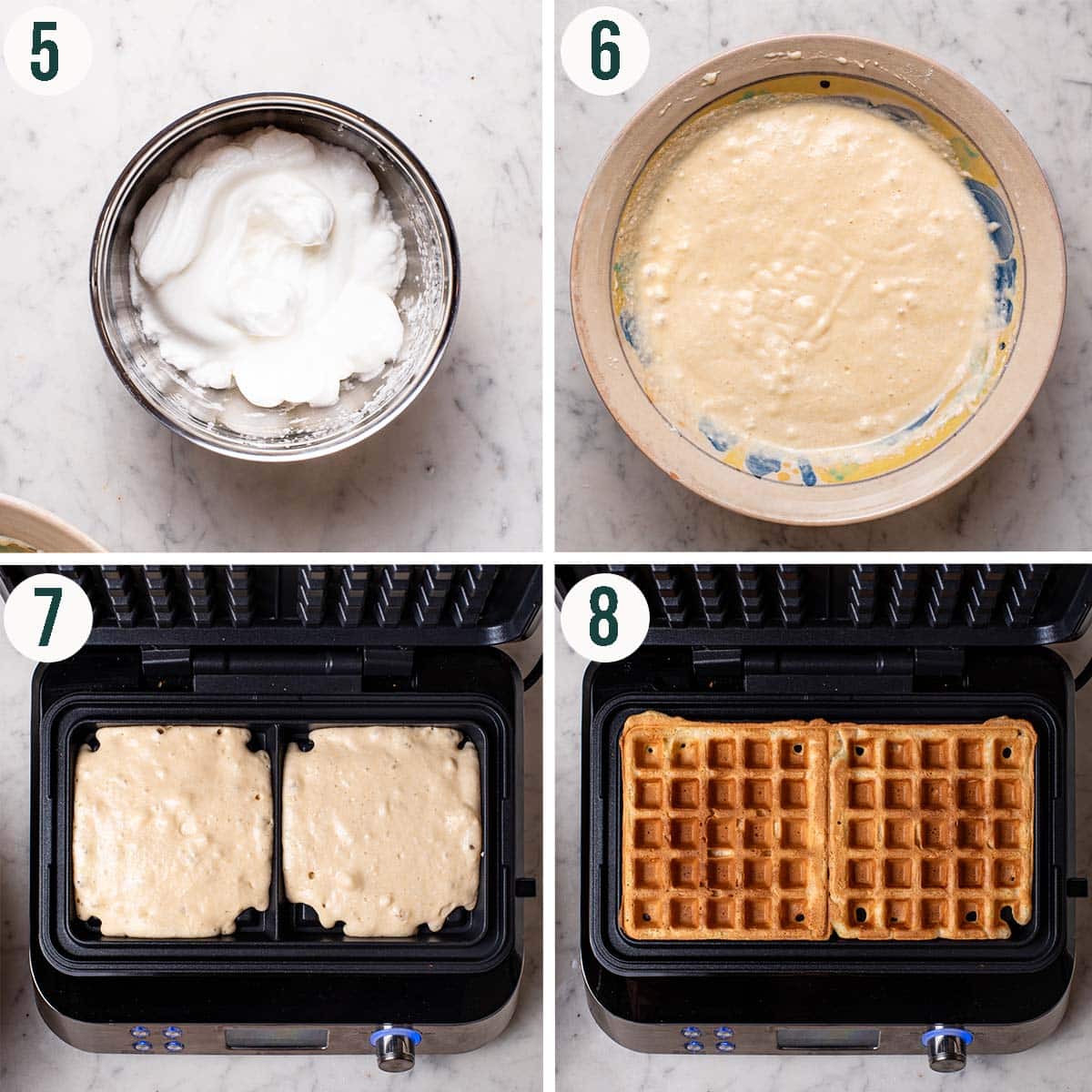 Waffles steps 5 to 8, whipped egg whites, mixed batter, before and after baking in the waffle iron.