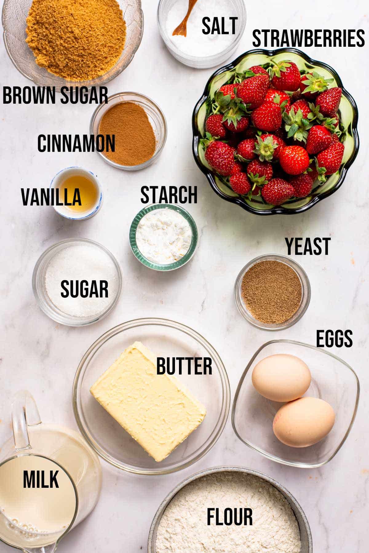 Strawberry cinnamon rolls ingredients with labels.