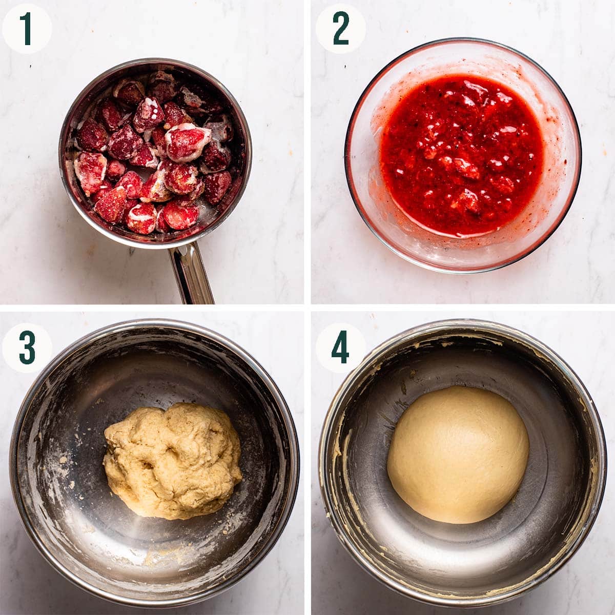 Rolls steps 1 to 4, strawberry filling before and after cooking, dough before and after kneading.