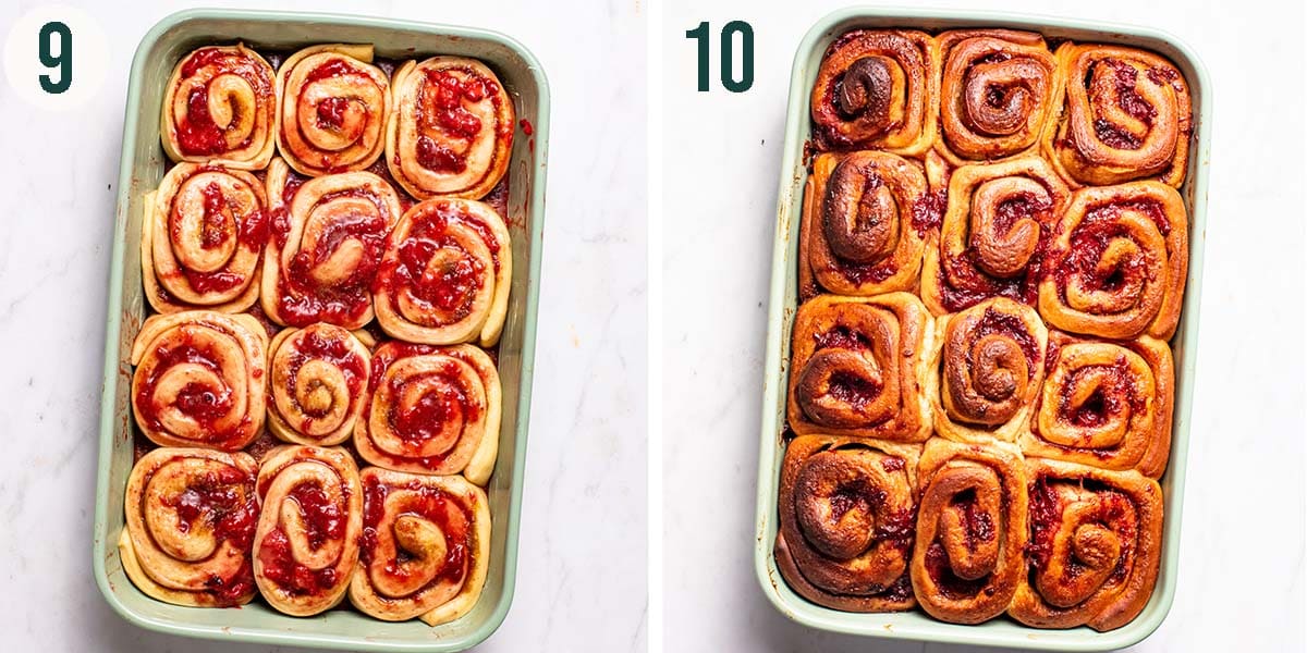 Strawberry rolls steps 9 and 10, before and after baking.