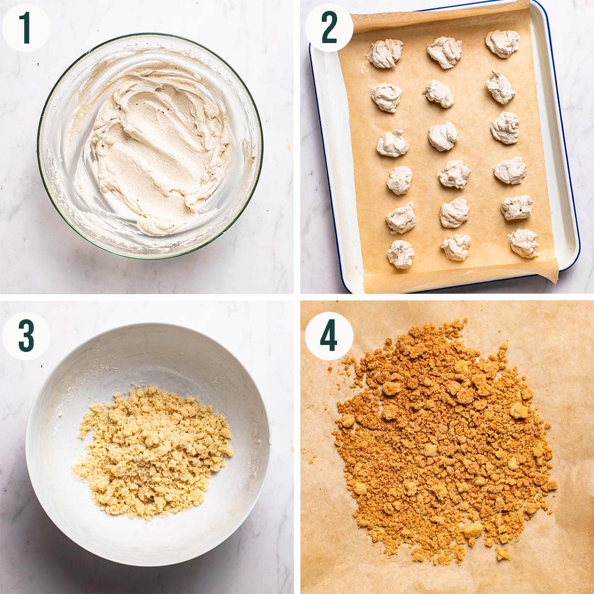 Cookies steps 1 to 4, cream cheese filling in a bowl and frozen in pieces, streusel topping before and after baking.