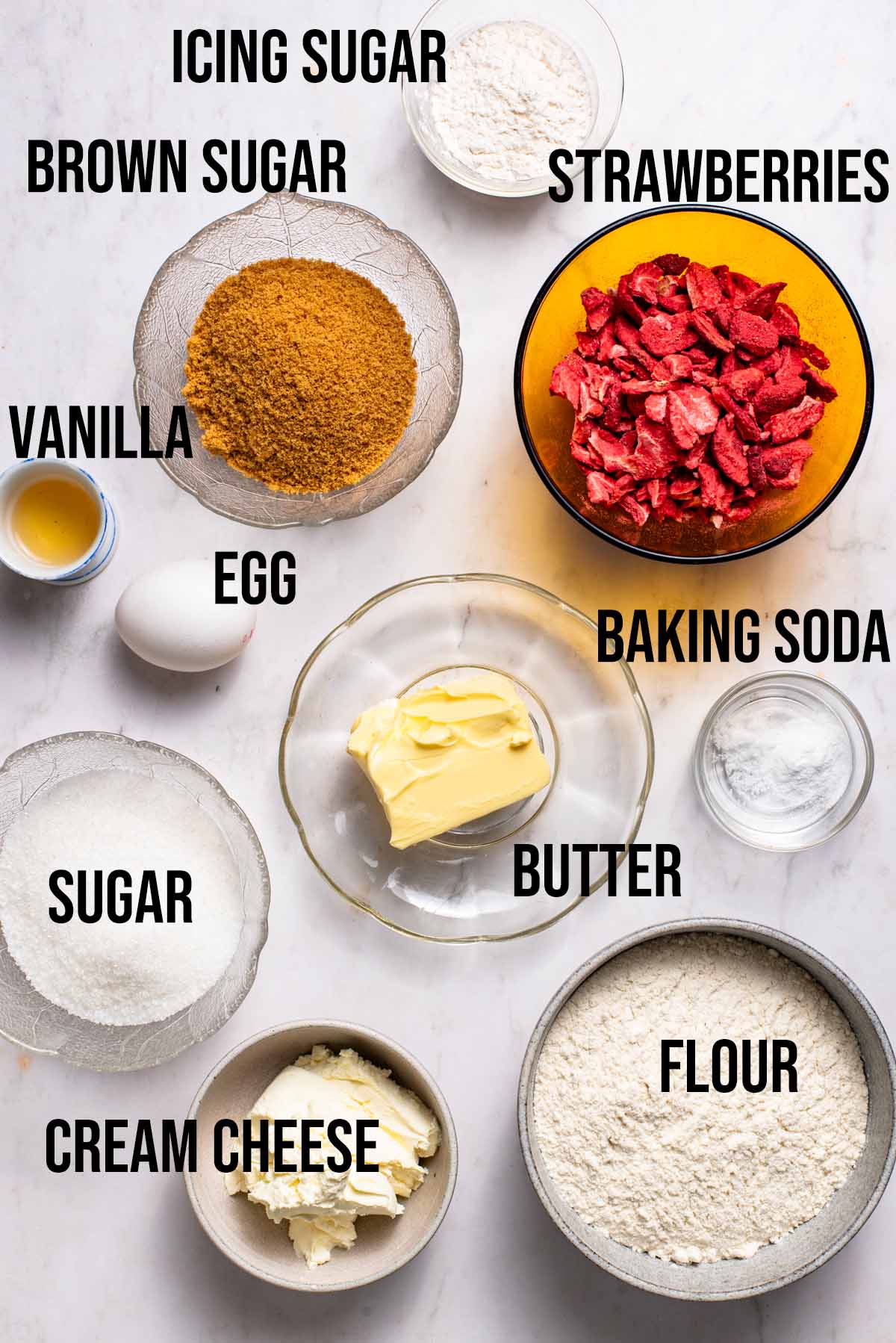 Strawberry shortcake cookies ingredients with labels.