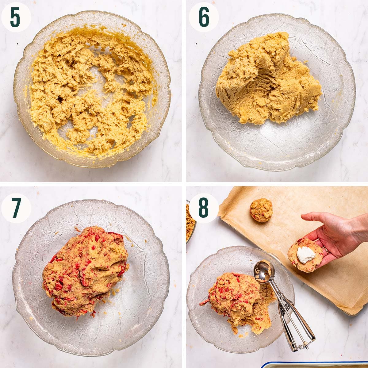 Cookies steps 5 to 8, creamed butter and sugar, cookie dough, with strawberries added, and being filled with cream cheese.