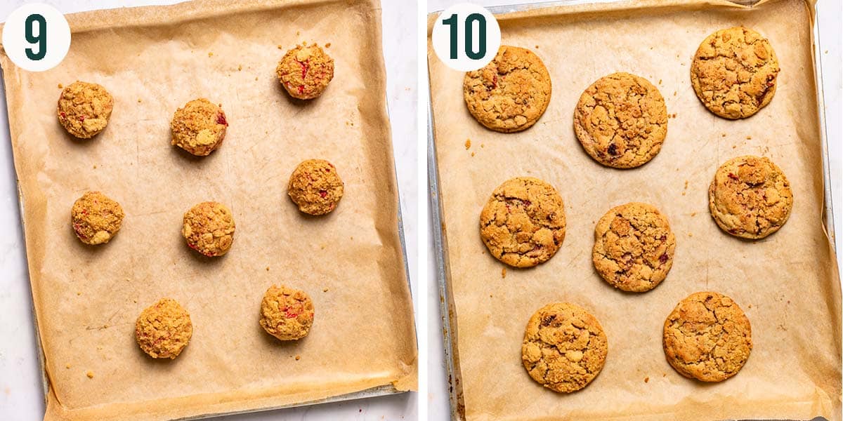Shortcake cookies steps 9 and 10, before and after baking.