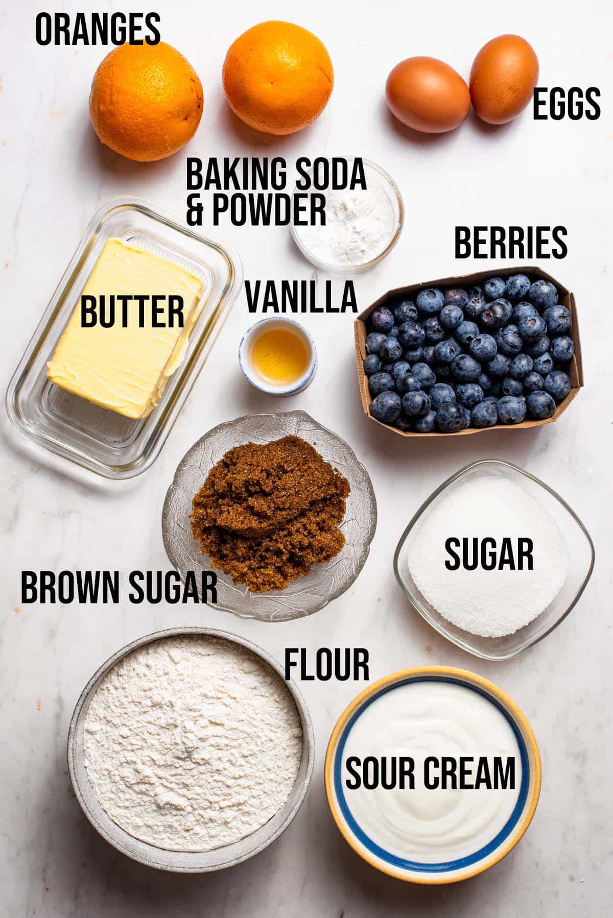 Blueberry coffee cake ingredients with labels.