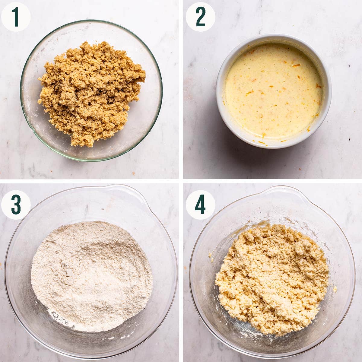 Cake steps 1 to 4, finished streusel, yogurt mixture, dry ingredients, butter mixed into the dry ingredients.