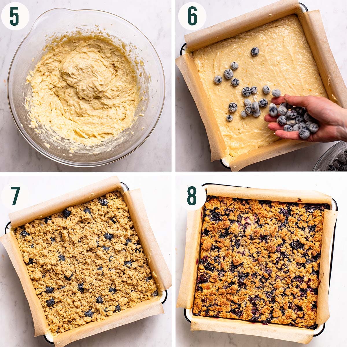 Cake steps 5 to 8, finished batter, adding blueberries, before and after baking.
