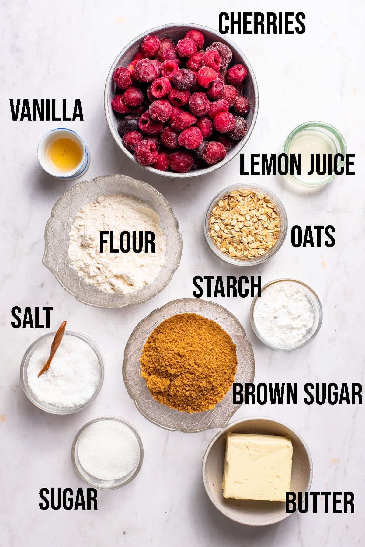 Cherry crisp ingredients with labels.