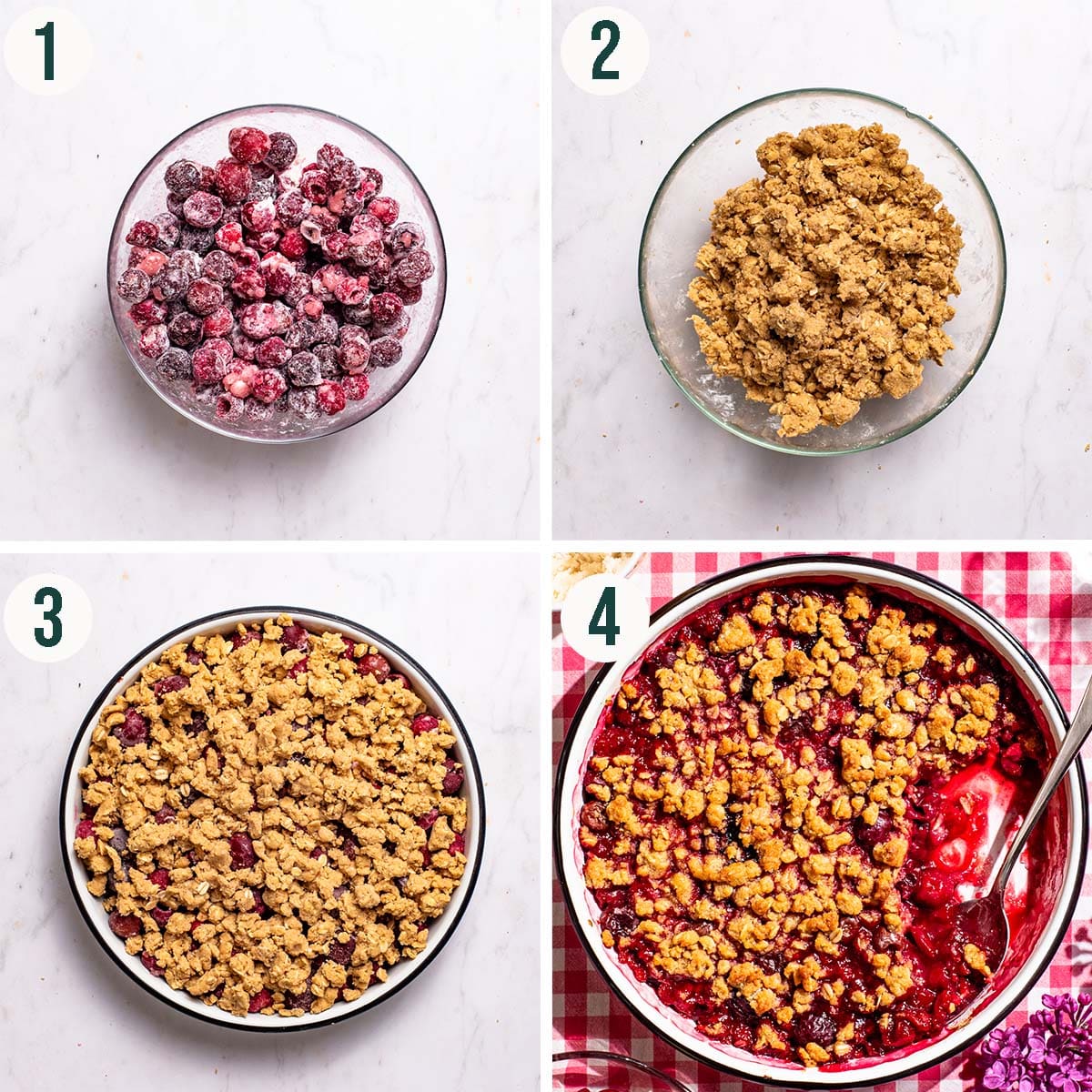 Crisp steps 1 to 4, mixed cherry filling, crumble topping, before and after baking.