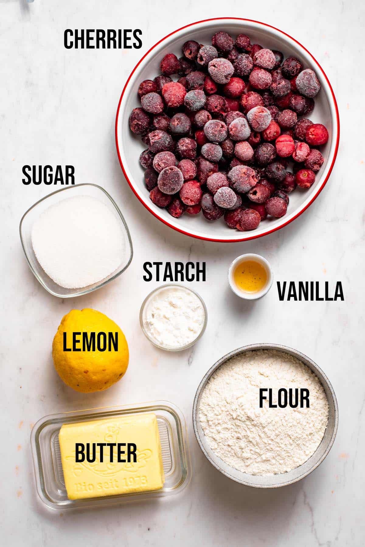 Cherry crumble ingredients with labels.