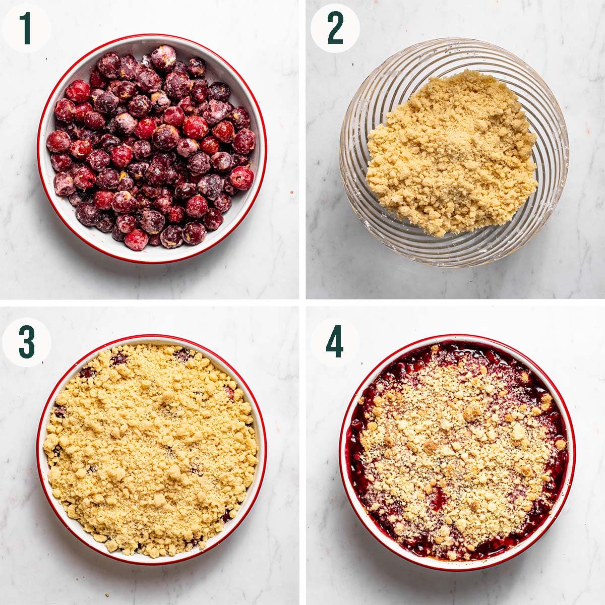 Crumble steps 1 to 4, cherry filling, crumb topping, crumble before and after baking.