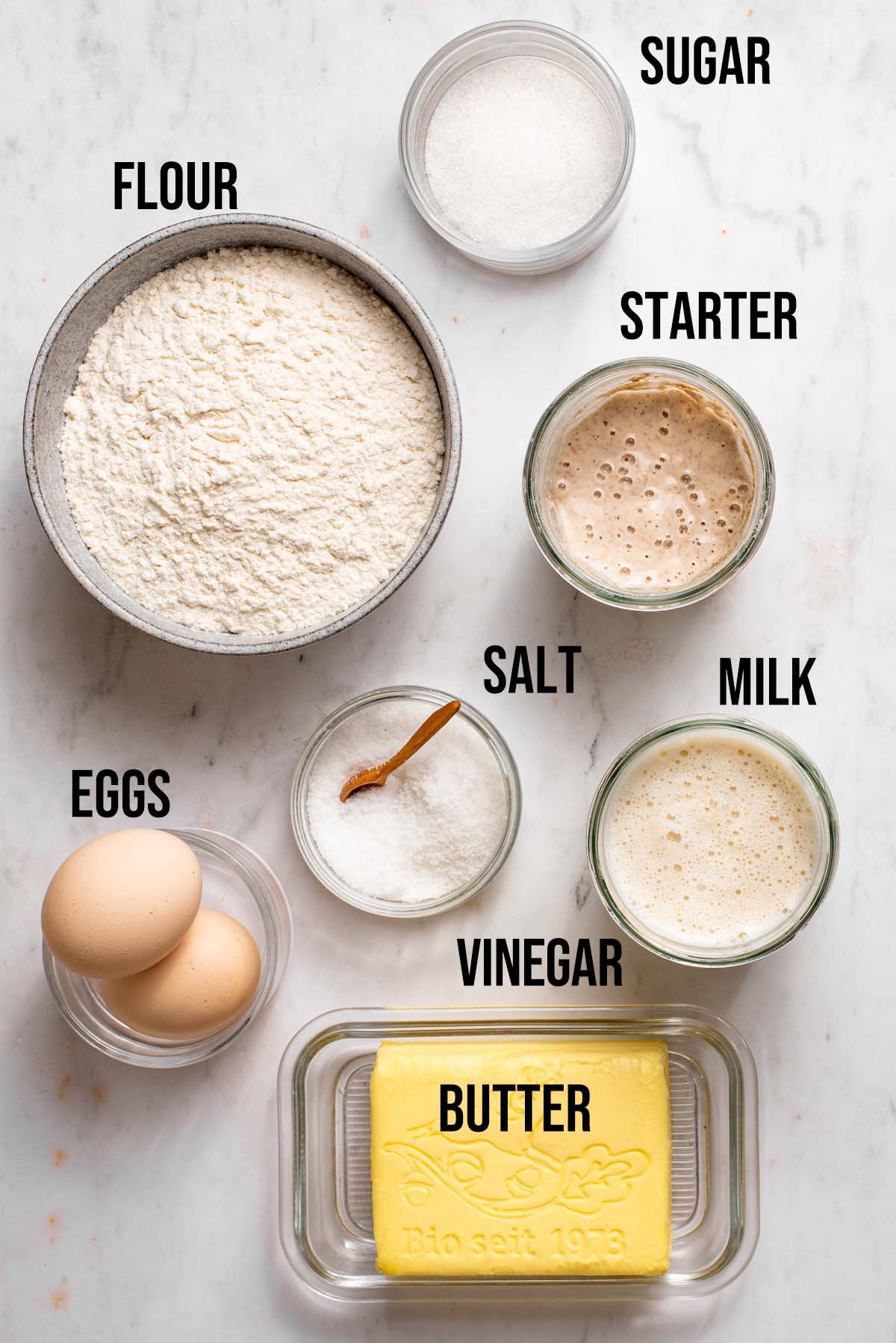 Sourdough burger buns ingredients with labels.