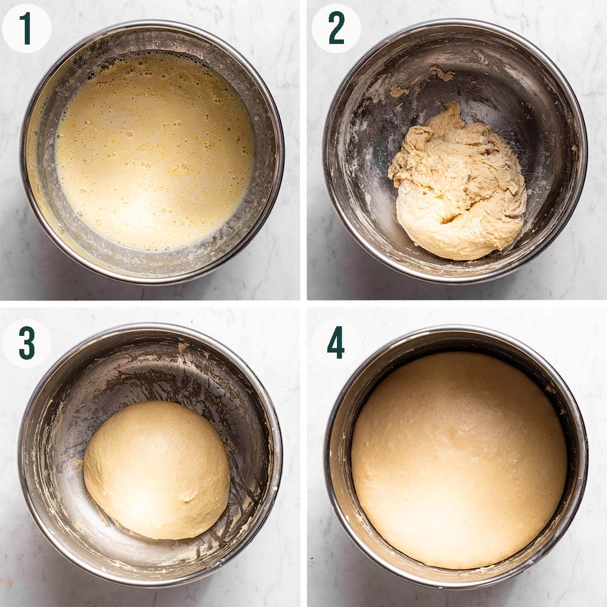 Bun dough steps 1 to 4, mixed wet ingredients, before and after kneading, and after rising.