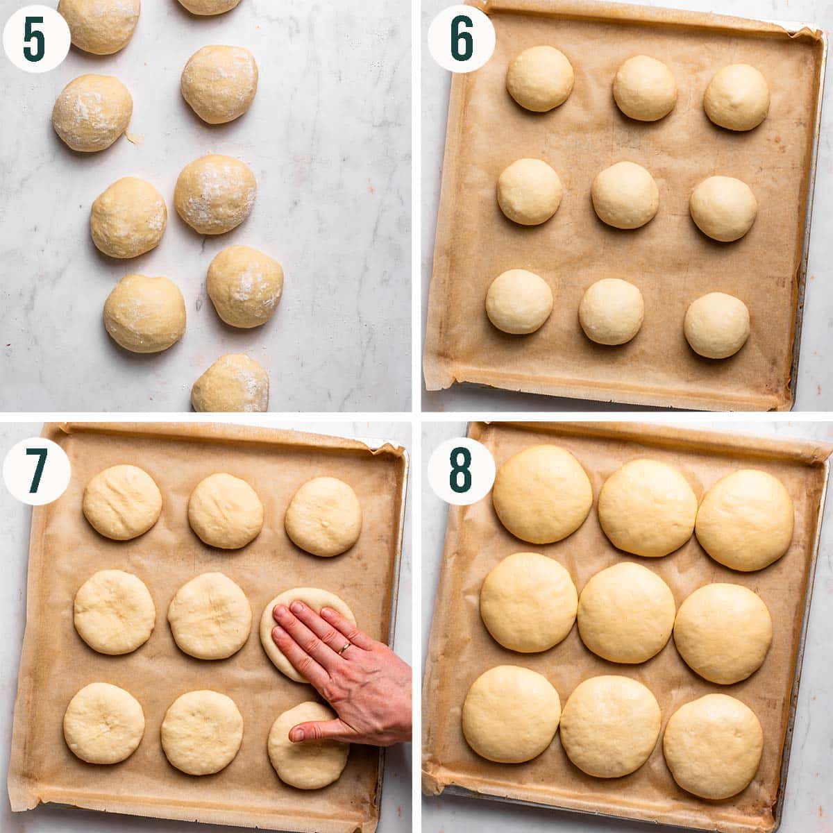 Buns steps 5 to 8, shaped into balls, on the baking sheet, being pressed down, and after rising.