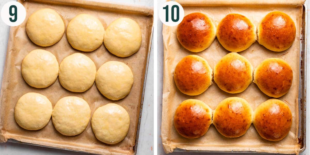 Buns steps 9 and 10, before and after baking.