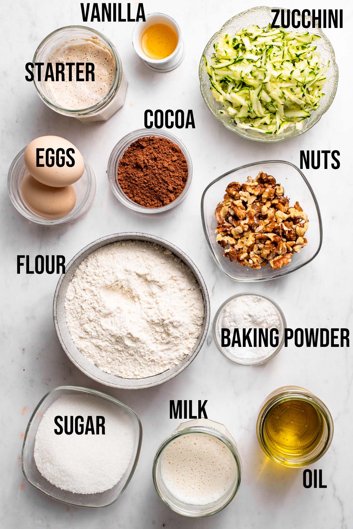 Sourdough zucchini muffins ingredients with labels.