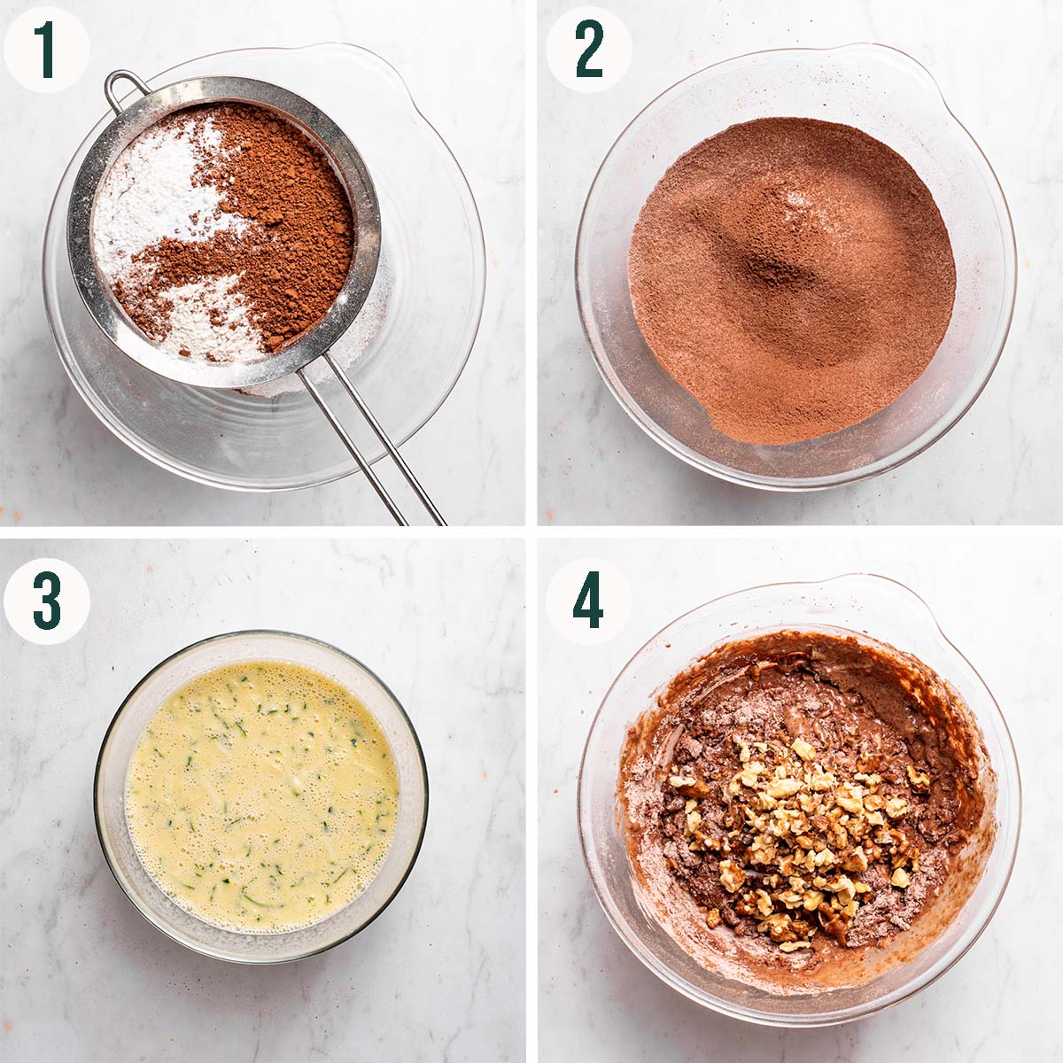 Muffins steps 1 to 4, sifting dry ingredients, in a bowl, wet ingredients mixed, and nuts added.